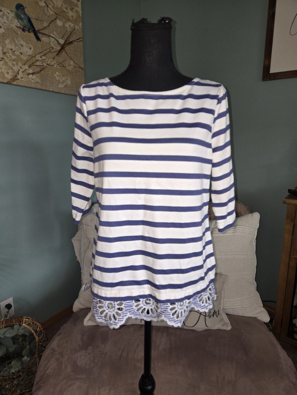 Charter Club Blue & White Striped Lace-Hem Tee